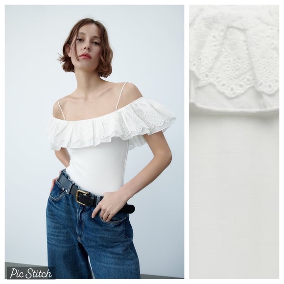 NWT. Zara White Contrast Bodysuit. Size M. - Picture 1 of 11